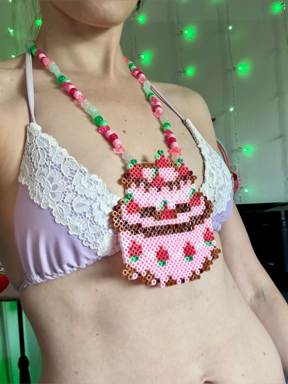 Handmade Kandi Necklace – Birthday Cake EDM Charm in Pink & Brown | Rave Festiva